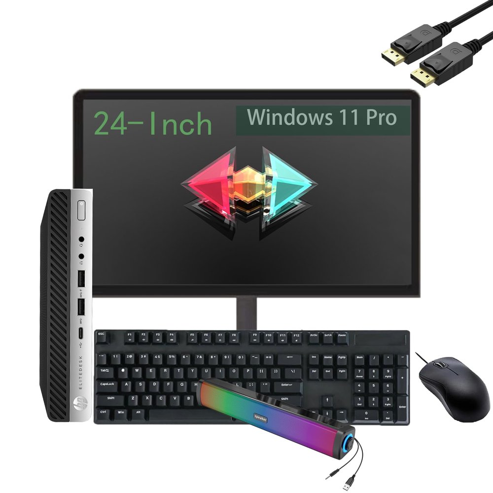 HP EliteDesk 800 G4 Mini Desktop with New 24" FHD Monitor and RGB Speakers PC Set, Core i5-8500T, 16GB RAM, 512GB SSD, Windows 11 Pro (Renewed)