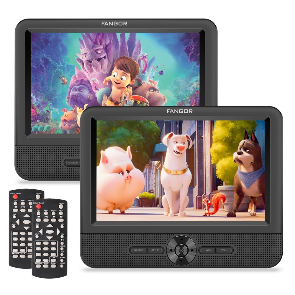 FANGOR 7.5" Car DVD Player Dual Screen, Car DVD Player Play The Same or Two Different Movies with Headrest Straps, Support All Regions, Last Memory, USB/SD Card