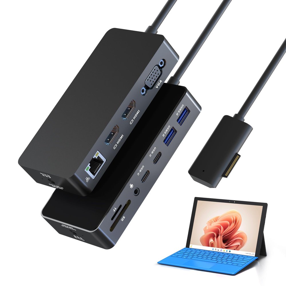 12-in-1 Surface Dock, Triple Display Support with 2 HDMI + VGA, Surface Docking Station for Surface Pro 3/4/5/6/7/8/9/10/11/X, Laptop 1/2/3/4/5/6/7, Laptop Go 1/2/3, Book 1/2/3