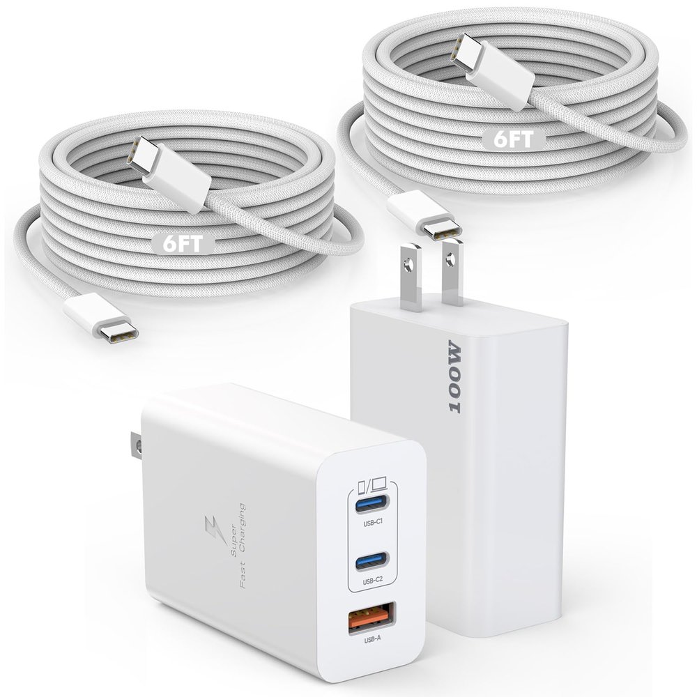 100W USB C Charger for iPhone 16,2 Pack Mac Book Fast Charging Block 3 Port(2 USB C+1 USB A)Charger Adapter with 6FT 140W USBC to USBC Braided Cable Fast Charging for iPhone 16/16 Pro/15/iPad/Mac Book