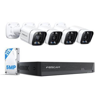 FOSCAM 3K 5MP Home Security Camera System, 8 Channel NVR with 4pcs Wired PoE IP Cameras Outdoor, 20X Digital Zoom and Smart Human/Vehicle Detection, Color Night Vision, 2-Way Audio, Come with 2TB HDD