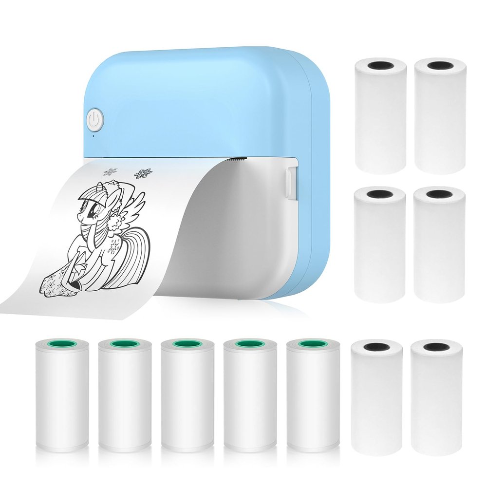Irfora Mini Thermal Printer Multifunction Portable Sticker Instant Photo Inkless Printing Port BT Connection for Smartphone with 6 Paper Rolls 57mm + 5 Self-Adhesive Paper Rolls Compatible with iOS