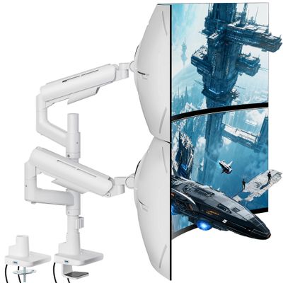 ARES WING Dual Monitor Mount for 17-49 Inch Ultrawide Heavy Duty Curved Screen Stacking, Computer Monitor Arm Desk Mount with USB, Gas Spring Adjustable Vesa Stand, White