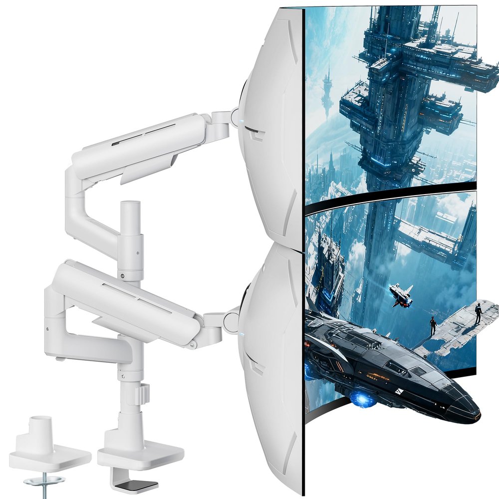 ARES WING Dual Monitor Mount for 17-49 Inch Ultrawide Heavy Duty Curved Screen, Computer Monitor Arm Desk Mount, Gas Spring Adjustable Dual Monitor Stand for Desk, White