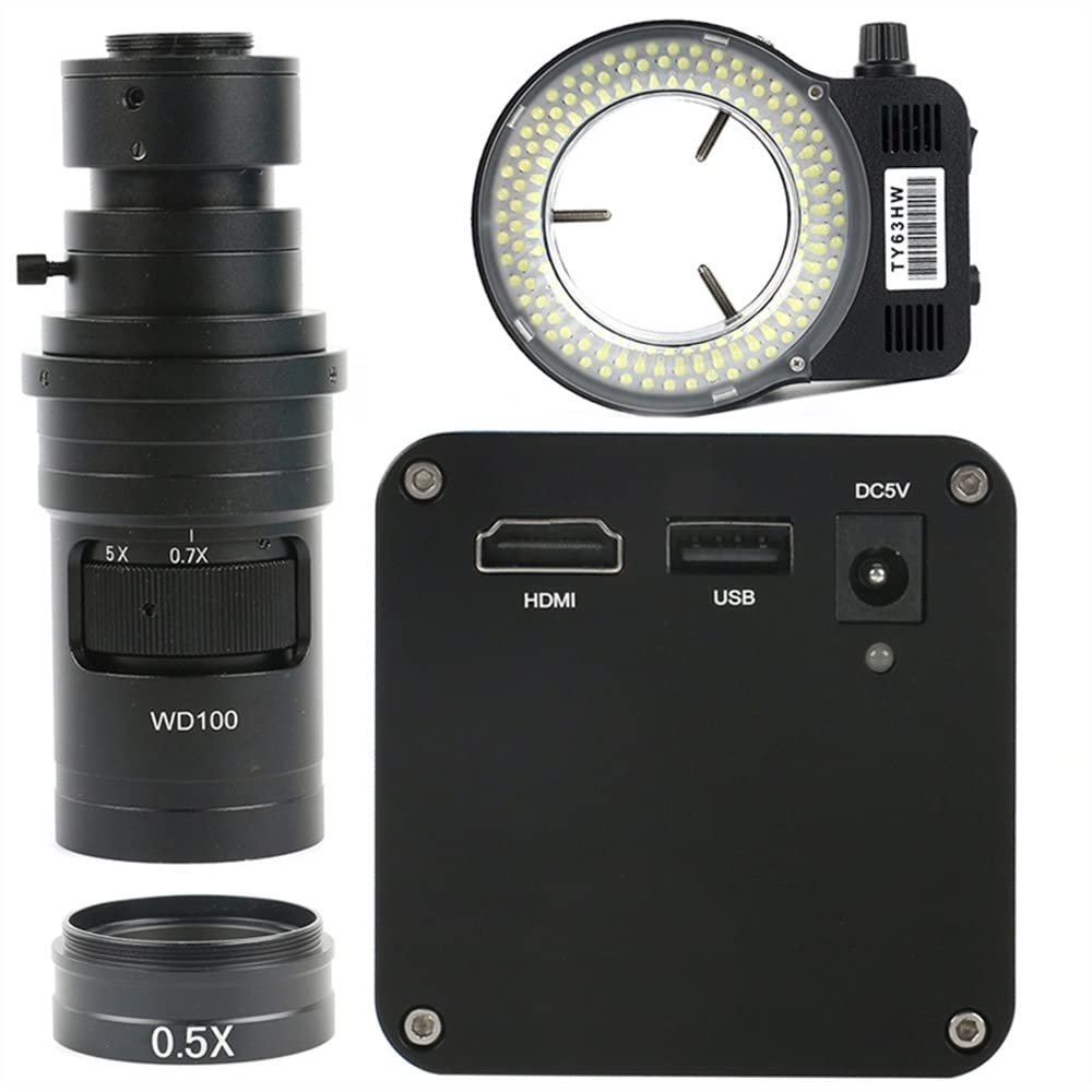 Lab Microscope Accessories AF Autofocus HDMI U Disk Video Auto Focus Industry USB Measurement Function Microscope Camera + 200X C Mount Lens +144 LED Light(200x Lens with Light B)