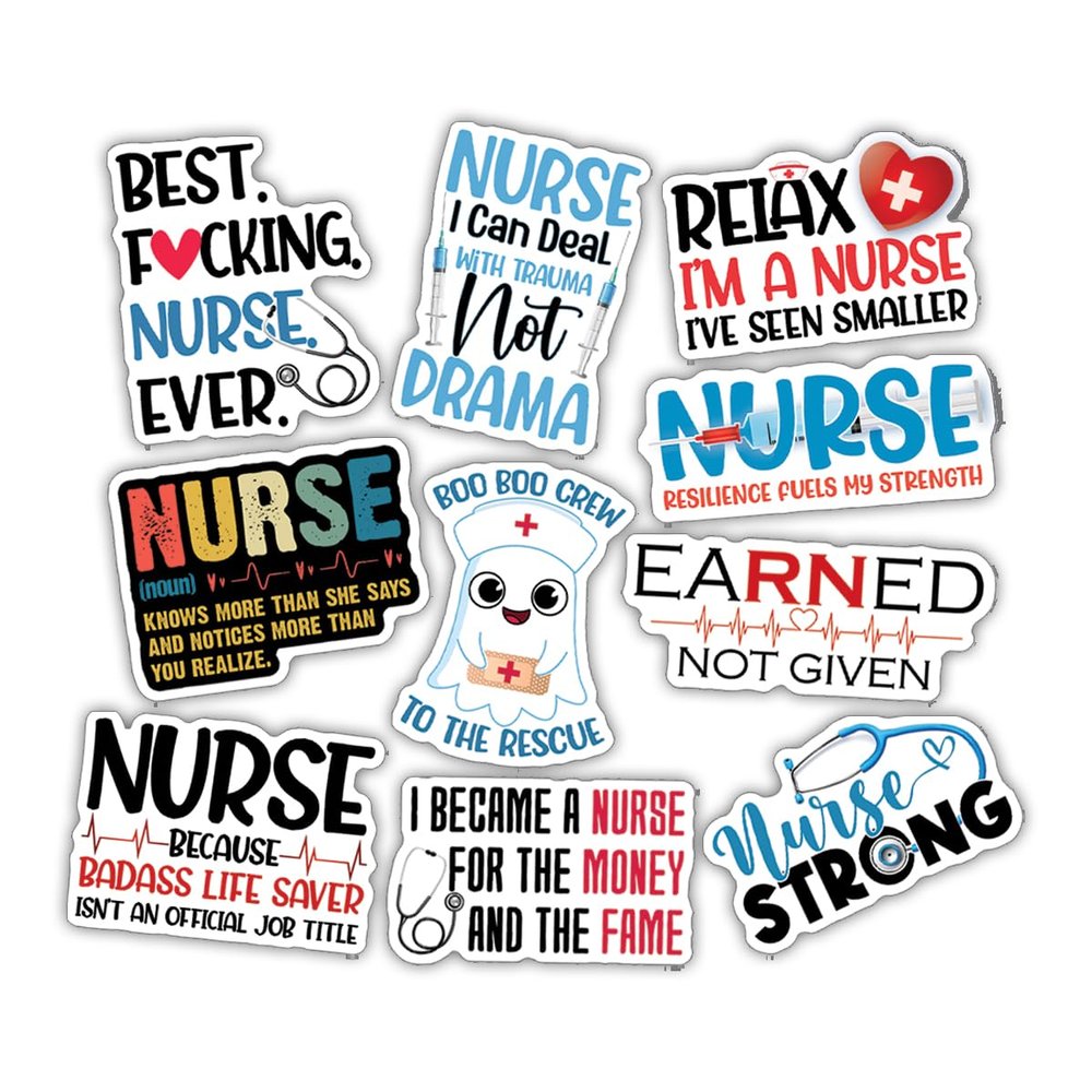 10pcs Nurse Sticker Sheet, Inspirational and Cute Vinyl Decals for Nurses, Healthcare Workers, Waterproof, UV-Resistant, for Laptop, Water Bottle, Notebook, Journal, Phone Case (Design 3)