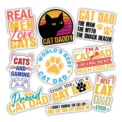 10pcs Cat Dad Sticker Sheet, Funny and Cute Vinyl Decals for Cat Lovers, Pet Owners, Waterproof, UV-Resistant, for Laptop, Water Bottle, Journal, Notebook, Scrapbook, Phone Case (Design 5)