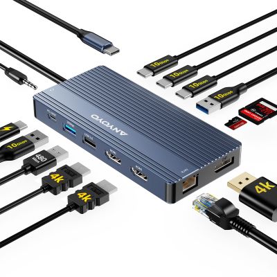 USB C Hub USB C Docking Station Dual Monitor14-IN-1 Triple Display Multiport Adapter with 2*HDMI +DP + 5*USB-A/C 10Gbps Ports+Ethernet +SD/TF Laptop Docking Station for HP/Dell/Lenovo/Thinkpad (Gray)