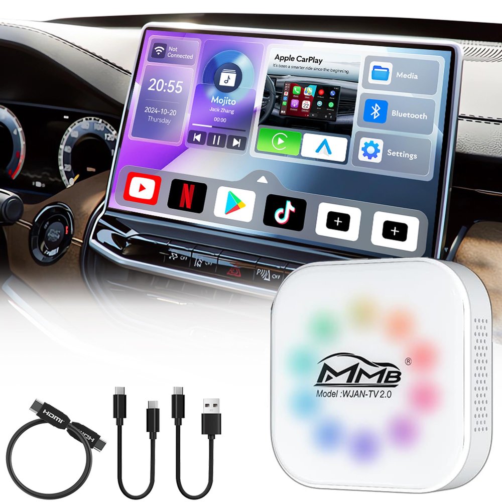 MMB Magic Box 3.0 Wireless CarPlay & Android Auto Adapter, Android 12 os, 4GB+32GB Multimedia Video Box Online YouTube/Netflix/Play Store/HDMI Out for OEM Wired Apple CarPlay Cars