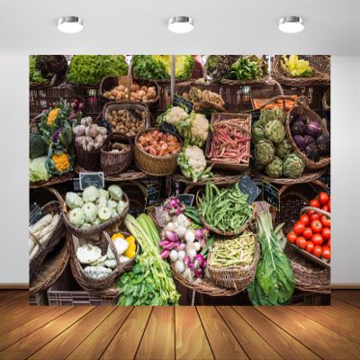 BELECO 15x8ft Fabric Farmers Market Backdrop Vegetable Market Exhibition Fresh Organic Food Photography Background for Themed Party Decorations Banner Photoshoot Studio Props