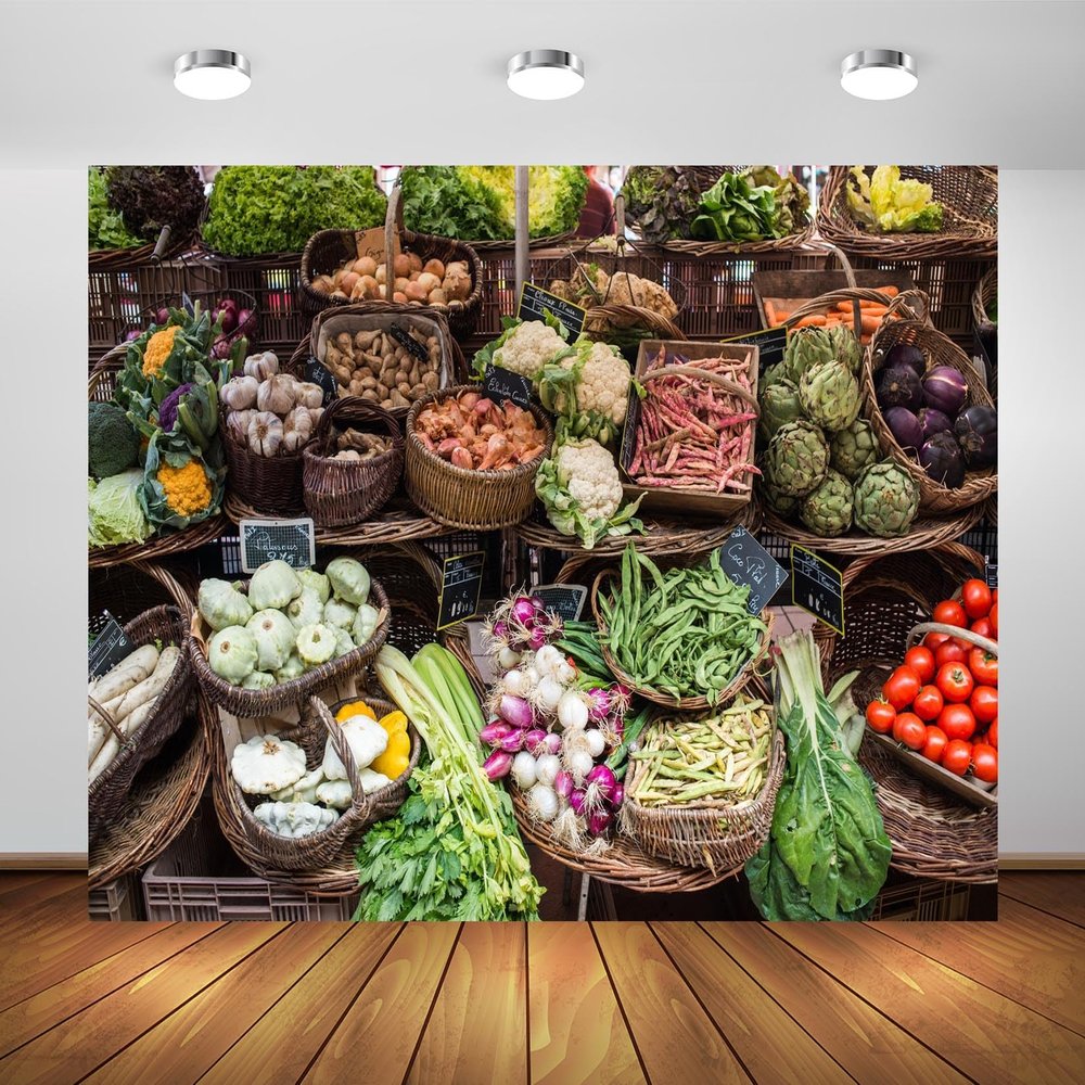 BELECO 15x8ft Fabric Farmers Market Backdrop Vegetable Market Exhibition Fresh Organic Food Photography Background for Themed Party Decorations Banner Photoshoot Studio Props