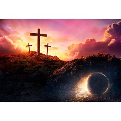 Laeacco Three Crosses Backdrop Empty Easter Tomb Backdrop 7x5ft Sunset Holy Light Easter Photo Backdrop Crucifix Church Backdrop God Bless Christian Photo Studio Bible School Event Background