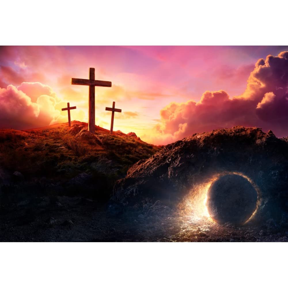 Laeacco Three Crosses Backdrop Empty Easter Tomb Backdrop 7x5ft Sunset Holy Light Easter Photo Backdrop Crucifix Church Backdrop God Bless Christian Photo Studio Bible School Event Background