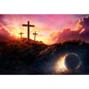 Laeacco Three Crosses Backdrop Empty Easter Tomb Backdrop 7x5ft Sunset Holy Light Easter Photo Backdrop Crucifix Church Backdrop God Bless Christian Photo Studio Bible School Event Background view 1