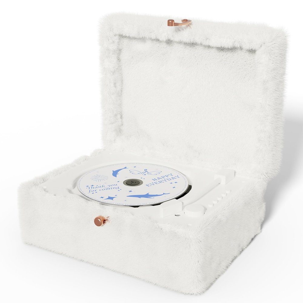 Plush White CD Player with Bluetooth, Wireless Remote Control, Supports CD Playback and Bluetooth Streaming