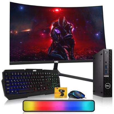 Dell Optiplex Tiny Mini Desktop PC, Core i5, 16GB RAM, 1TB SSD with 27 inch Curved Monitor, AI Enabled RGB Keyboard Mouse, RGB Soundbar and Webcam Windows 11 Pro (Renewed)