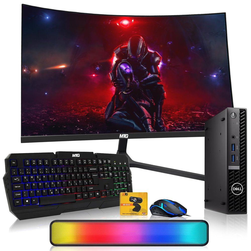 Dell Optiplex Tiny Mini Desktop PC, Core i5, 16GB RAM, 1TB SSD with 27 inch Curved Monitor, AI Enabled RGB Keyboard Mouse, RGB Soundbar and Webcam Windows 11 Pro (Renewed)