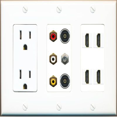 Power Outlet 4xHDMI 3 Gang RCA Composite (Red-White-Yellow) 2 Toslink Coax Wall Plate White