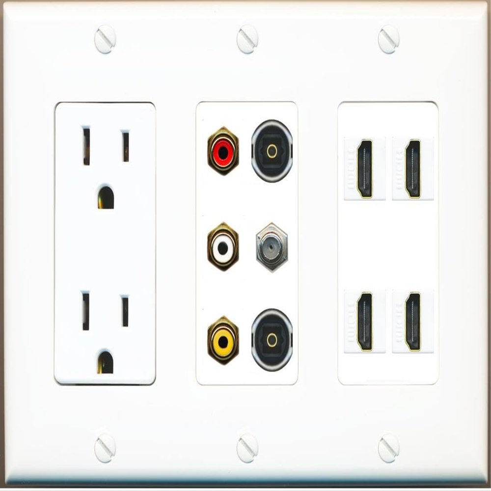 Power Outlet 4xHDMI 3 Gang RCA Composite (Red-White-Yellow) 2 Toslink Coax Wall Plate White