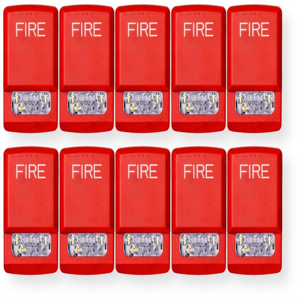 ELSTR Pack of 10 Lens Strobes, Red; FIRE Lettering; Clear Lens; LED; Wall Mounting; Indoor; 15/30/75/110/135/185 cd; 24V; Low-Profile Design; Mounting Plate Included