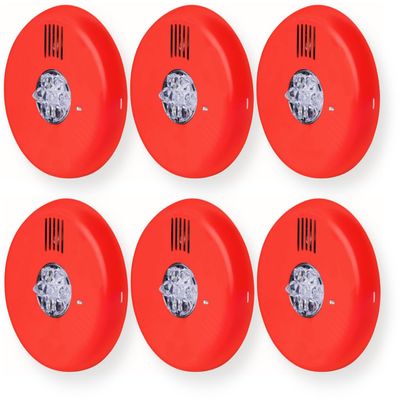 ELHSRC-N Pack of 6 Horn Strobes, Red; No Lettering; Clear Lens; LED Technology; Indoor; Ceiling Mounting; 15/30/75/110/150/177 cd; 86 dBA Sound Level; 24V; Mounting Plate Included