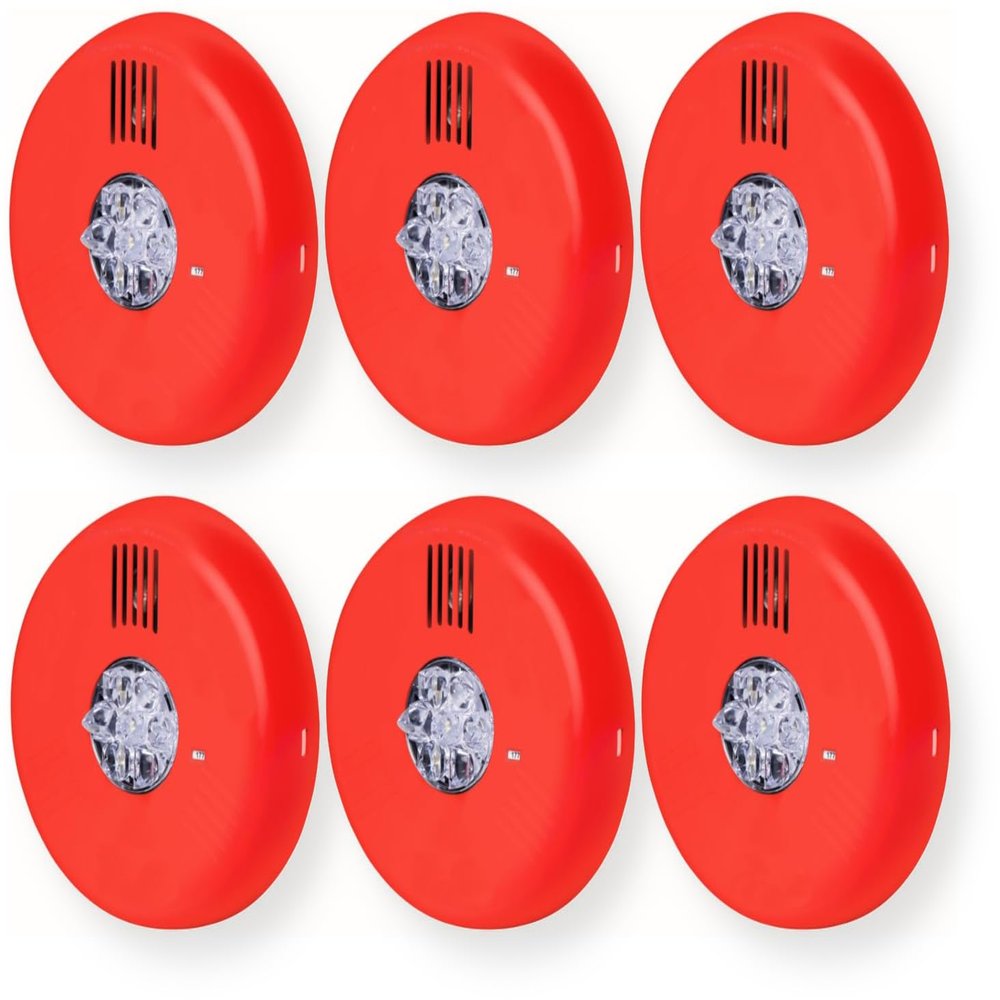 ELHSRC-N Pack of 6 Horn Strobes, Red; No Lettering; Clear Lens; LED Technology; Indoor; Ceiling Mounting; 15/30/75/110/150/177 cd; 86 dBA Sound Level; 24V; Mounting Plate Included