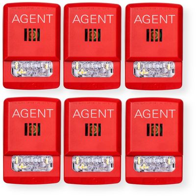 ELHSR-A Pack of 6 Horn Strobes, Red; Agent Lettering, Clear Lens; LED Technology; Indoor; Wall Mounting; 15/30/75/110/135/185 cd; 86 dBA Sound Level; 24V; Mounting Plate Included