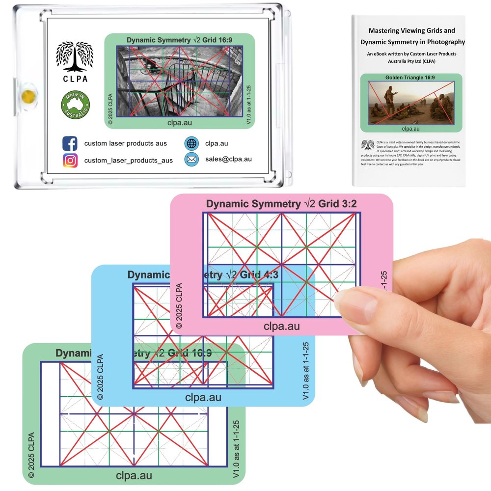 CLPA Dynamic Symmetry Root 2 - Directors and Artists Camera and Drawing Viewfinder: Credit Card-Sized Composition Grids for Video, Photography & Art - Set of 3 View Finders in 4:3, 3:2, & 16:9