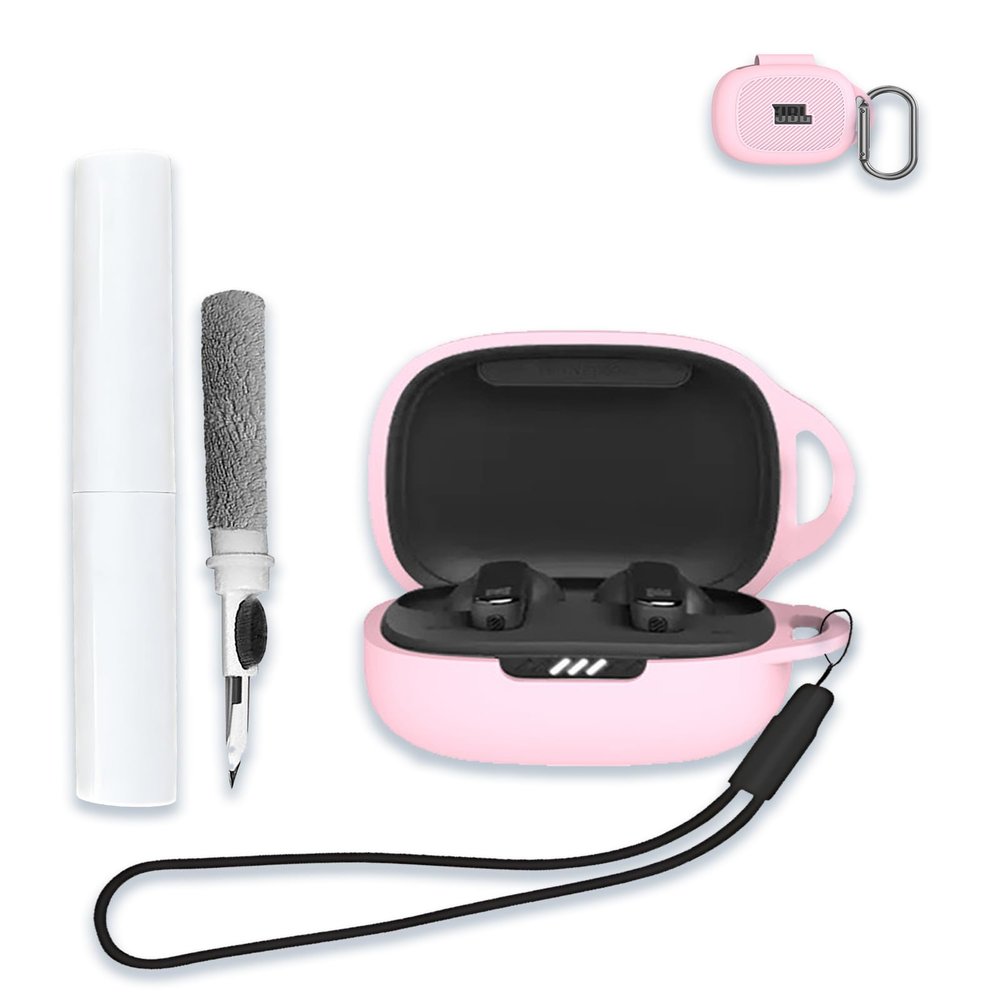 Case for JBL Live Pro 2 Wireless Noise Canceling Earbuds, Soft Silicone Protective Portable Scratch Shock Resistant Shell with Cleaner Kit & Carabiner & LanyardPink