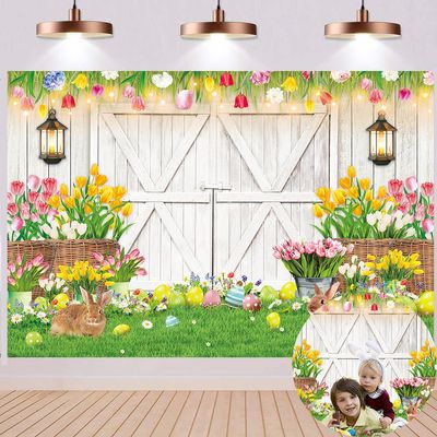 Spring Easter Backdrop Happy Easter White Barn Door Bunny Floral Colorful Eggs Photography Background Kids Children Family Garden Easter Party Bridal Wedding Decorations (8x6FT)