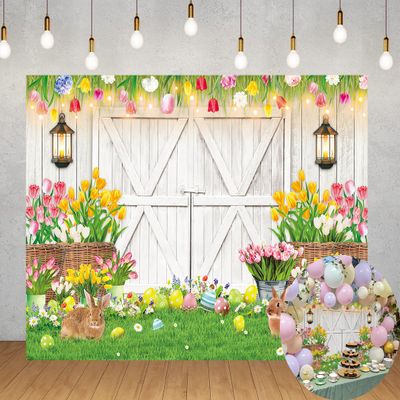 Spring Easter Backdrop Happy Easter White Barn Door Bunny Floral Colorful Eggs Photography Background Kids Children Family Garden Party Bridal Wedding Decorations (7x5FT)