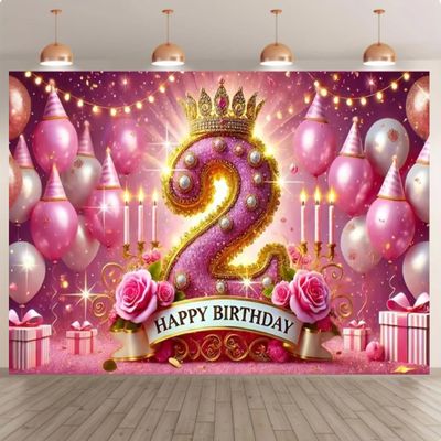 10x8 feet 2 Years Birthday Party Banner Pink Gold Crown with Roses and Balloons Kids Baby Home Party Decoration Photography Banner