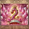10x8 feet 2 Years Birthday Party Banner Pink Gold Crown with Roses and Balloons Kids Baby Home Party Decoration Photography Banner view 3