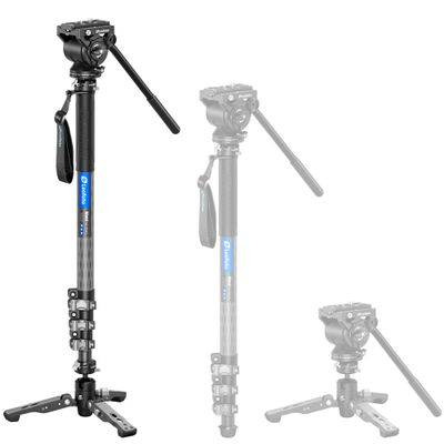 LEOFOTO Carbon Fiber Camer Monopod Kit, 63" Professional Video Monopod with Fluid Head and Folding Support Base for Video Cameras Camcorders