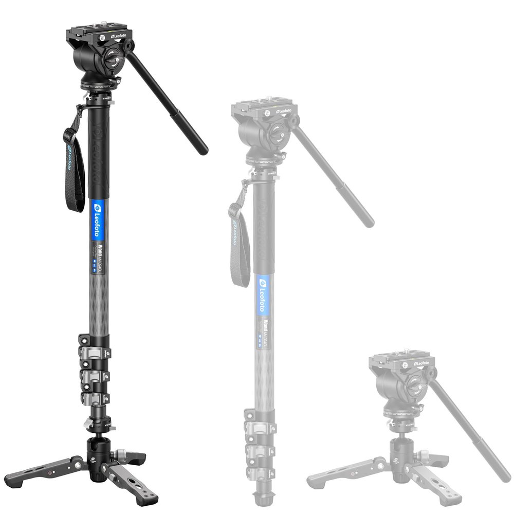 LEOFOTO Carbon Fiber Camer Monopod Kit, 63" Professional Video Monopod with Fluid Head and Folding Support Base for Video Cameras Camcorders
