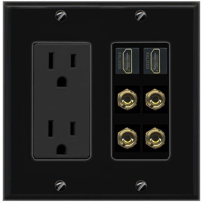 RiteAV 2 Speaker 4 Banana Binding Post Wall Plate with 2 HDMI Jacks - Outlet [Black/Black]