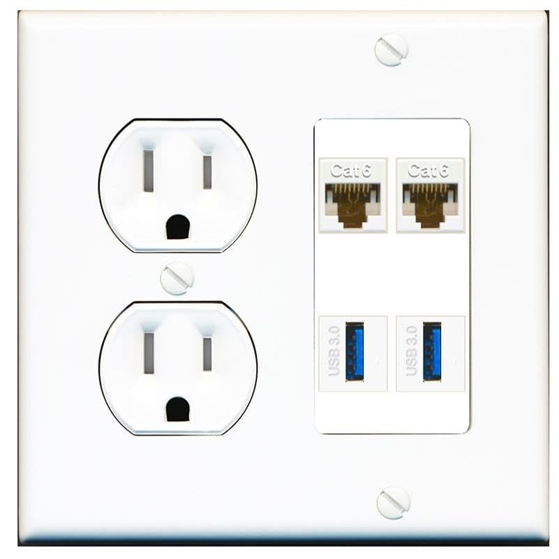 RiteAV 2 Port Cat6 2 USB3 Wall Plate - Tamper Resistant Outlet [Round White]