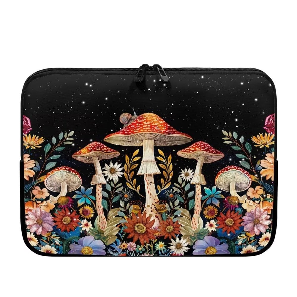 15.6 17inch Laptop Protective Sleeve,Mushrooms Flowers Print Laptop Sleeve for Women,Traveling Carrying Computer Sleeve Bag with Zippered Pocket,Laptop Case,Black