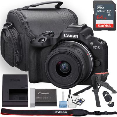 Canon EOS R50 Mirrorless Camera w/Canon RF-S 18-45mm f/4.5-6.3 is STM Lens + Camera Case + 64GB Memory + Deluxe Starter Kit + Hand Grip Stabilizer Tripod + More (13pc Bundle) (Renewed)