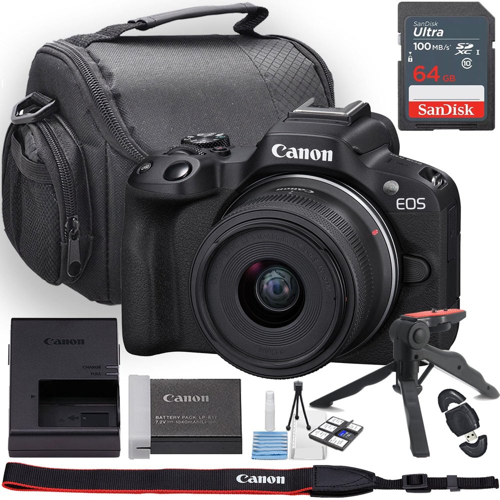 Canon EOS R50 Mirrorless Camera w/Canon RF-S 18-45mm f/4.5-6.3 is STM Lens + Camera Case + 64GB Memory + Deluxe Starter Kit + Hand Grip Stabilizer Tripod + More (13pc Bundle) (Renewed)