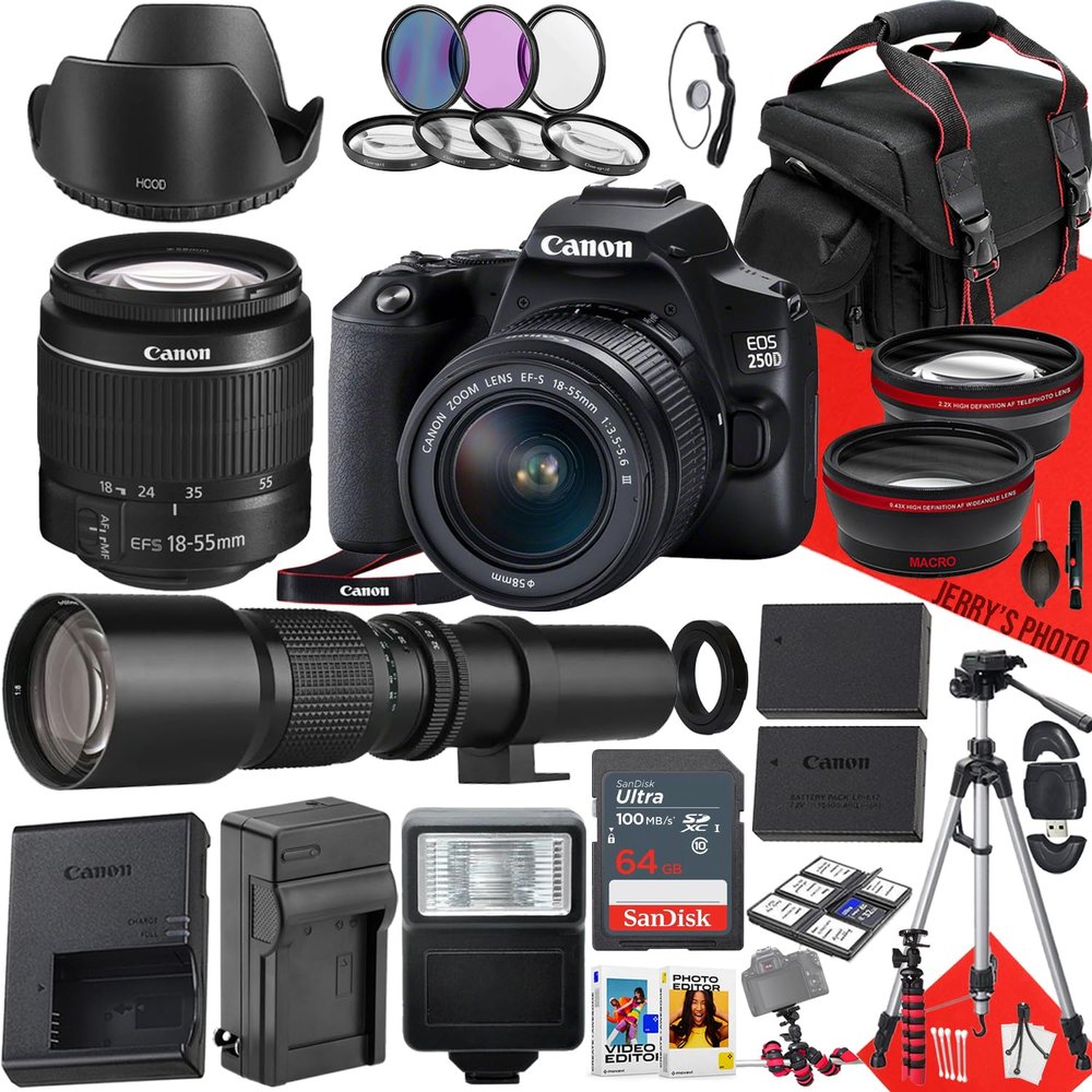 Canon EOS 250D / Rebel SL3 DSLR Camera with EF-S 18-55mm f/3.5-5.6 III DC and 500mm f/8.0 Preset Telephoto Lens + 64 GB Memory + Filters + Tripod + More (36pc Bundle) (Renewed)