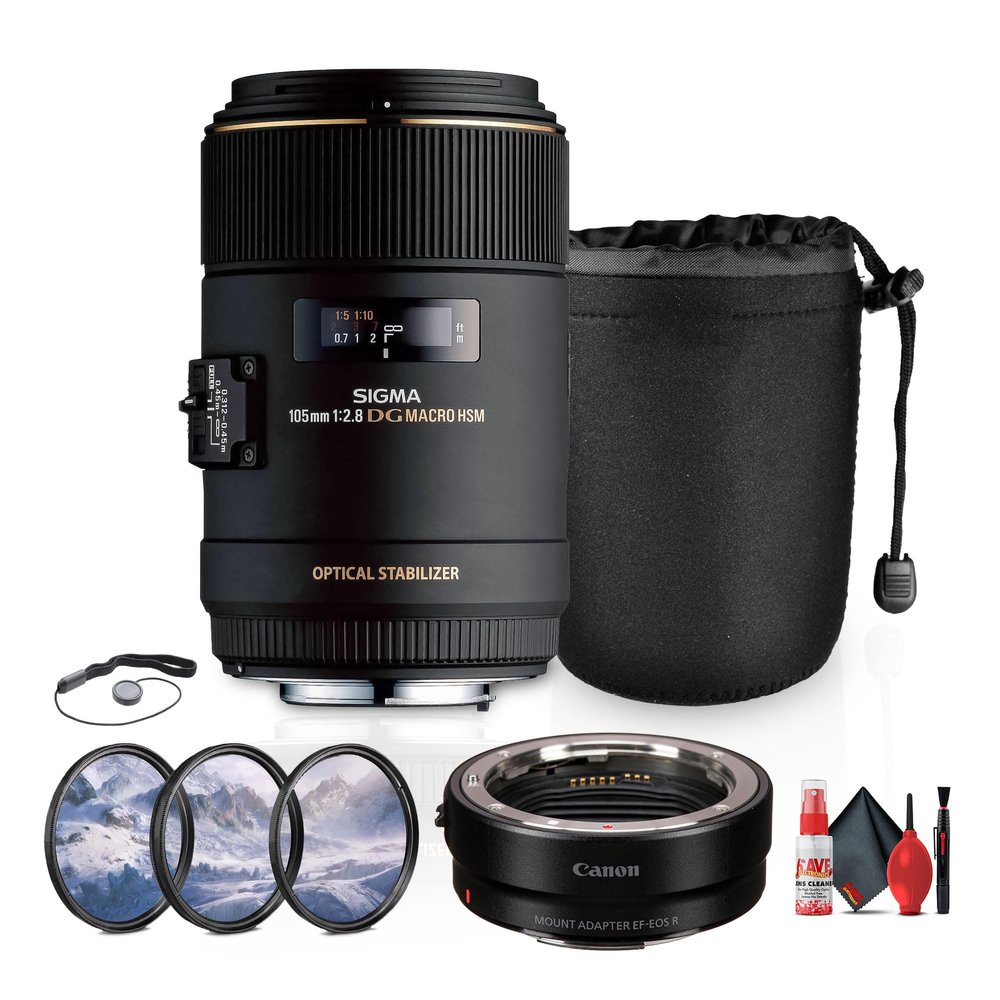 Sigma 105mm f/2.8 EX DG OS HSM Macro Lens for Canon Bundle (258101) with Cleaning Kit, Cap Keeper, 3 Piece Filter Kit, Lens Pouch, Canon Mount Adapter EF-EOS R
