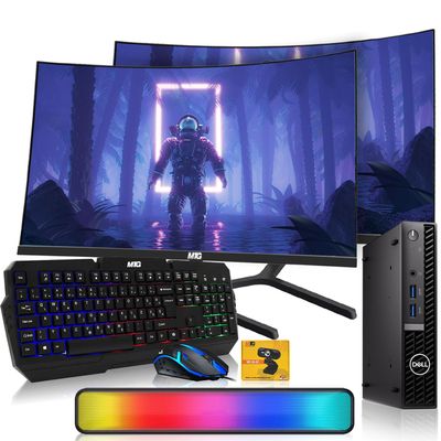 Dell Optiplex Tiny Mini Desktop PC, Intel Core i5, 16GB RAM, 1TB SSD with Dual 32 inch Curved Monitor, AI Enabled RGB Keyboard Mouse, RGB Soundbar and Webcam Windows 11 Pro (Renewed)
