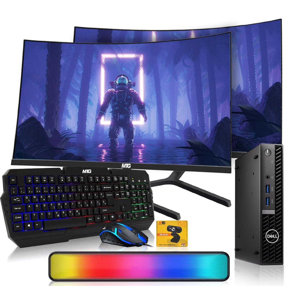 Dell Optiplex Tiny Mini Desktop PC, Intel Core i5, 16GB RAM, 1TB SSD with Dual 32 inch Curved Monitor, AI Enabled RGB Keyboard Mouse, RGB Soundbar and Webcam Windows 11 Pro (Renewed)