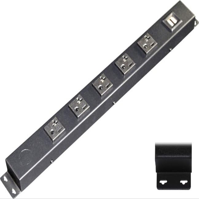 16 Hardwired Power Strip (NO Power Cord), 5 Vertical 20A Outlets (NOT Tamper Resistant), with Ears (with mounting tabs on Both Ends), USB, Black