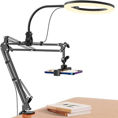 Mobile Stand with 10inch Ring Light, Metal Arm,1/4"" Ball Head for Camera Desktop Stand, Overhead Video Stand for Bedroom Desktop, Compatible with Gopro, Mobile, Camera(10"" with Ring Light)
