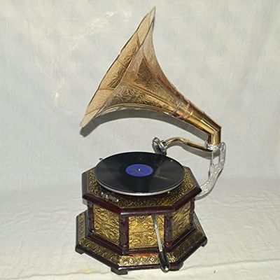 Husniyara Nautical HMV Gramophone Phonograph Brass Crafted Base and Horn Antique Vintage Look Working Sound Box Needle Set