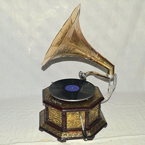 Husniyara Nautical HMV Gramophone Phonograph Brass Crafted Base and Horn Antique Vintage Look Working Sound Box Needle Set