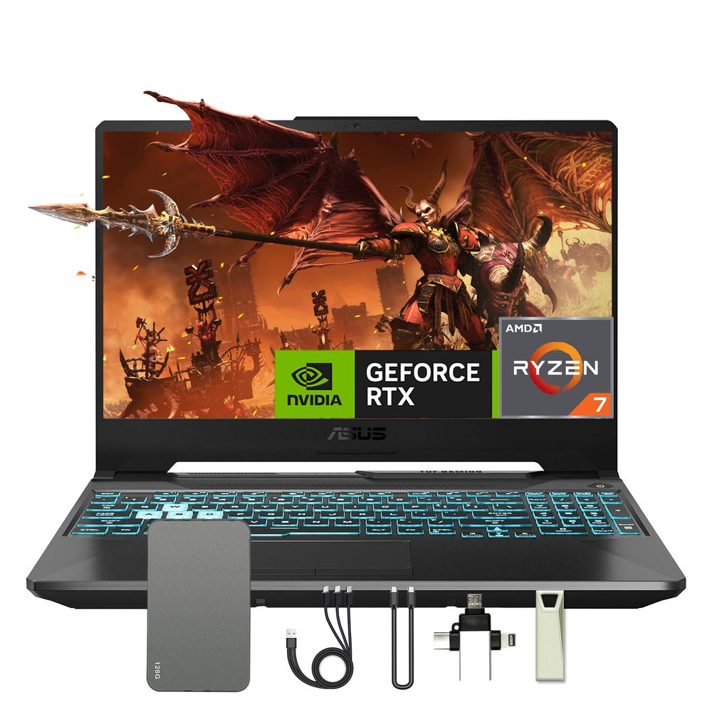 ASUS TUF A15 15.6 FHD 144Hz Gaming Laptop, 16GB DDR5 RAM, 1TB SSD, AMD Ryzen 7 7435HS, GeForce RTX 3050 4GB GDDR6, Win 11 Pro, RGB Backlit Keyboard, Wi-Fi 6, Black, 128GB Docking Station Set