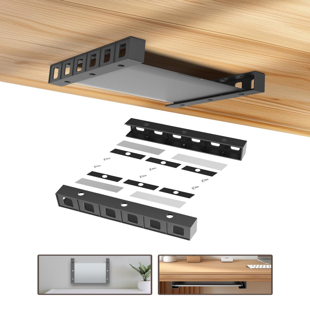 NOTMBESTM Under Desk Mount Holder or Wall Mount, Fit for Laptop, Keyboard, Routers, Modems, Cable Box, Network Switch and Devices Up to 40mm/1.57in Thick (Black)
